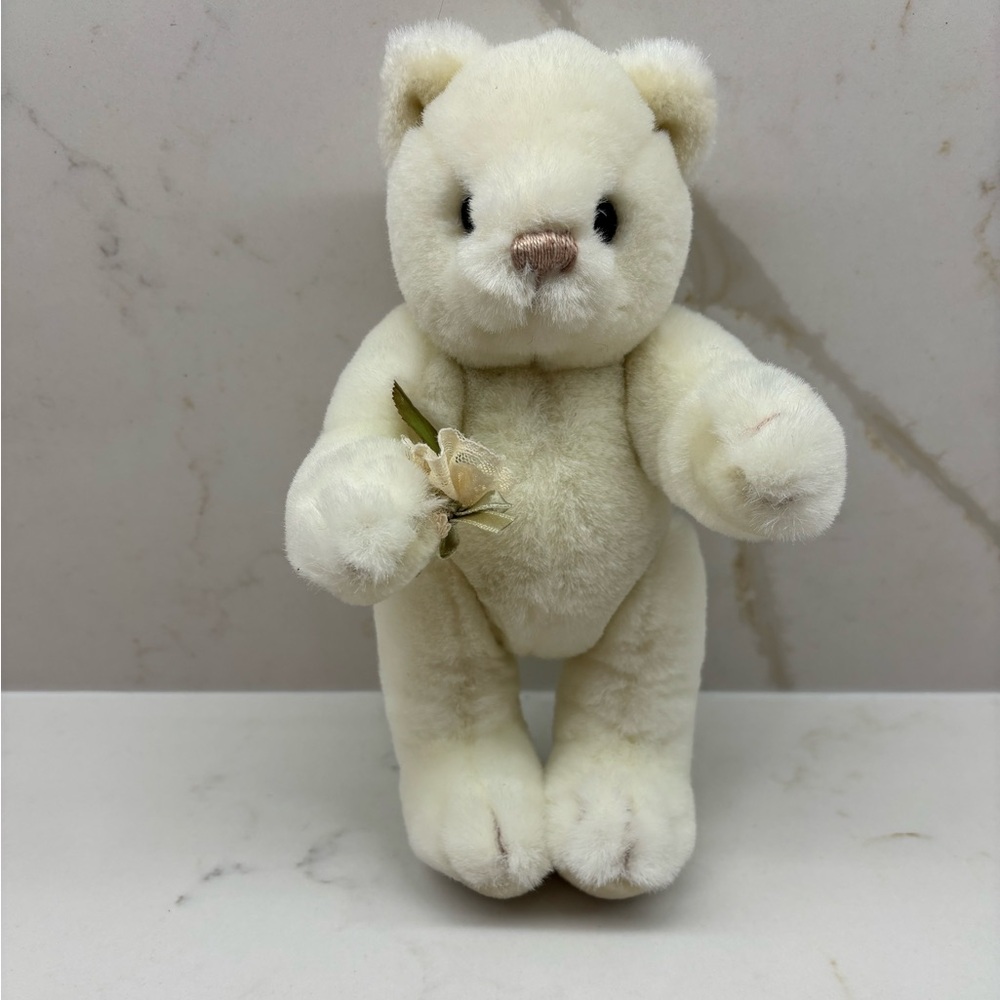 Vintage Collectors Classics Gund White Jointed Teddy Bear With Rose Gunderbear